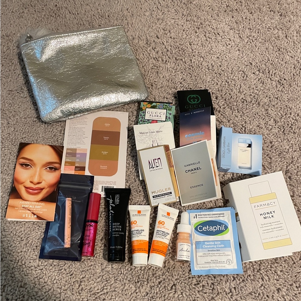 Silver Cosmetic Bag with Assorted Beauty Samples